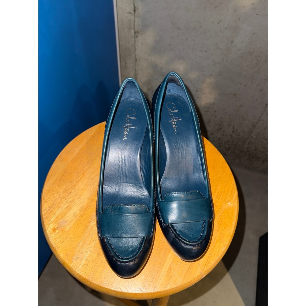 Cole Haan Air Marion Moc India Ink Blue Leather Block Heel Pumps 9.5B